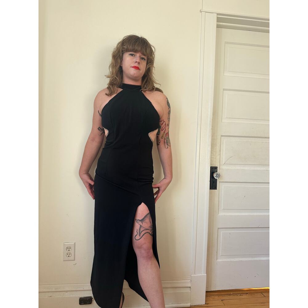 1990s 90s vintage midriff cut out black gown goth rhinestones cocktail dress s
